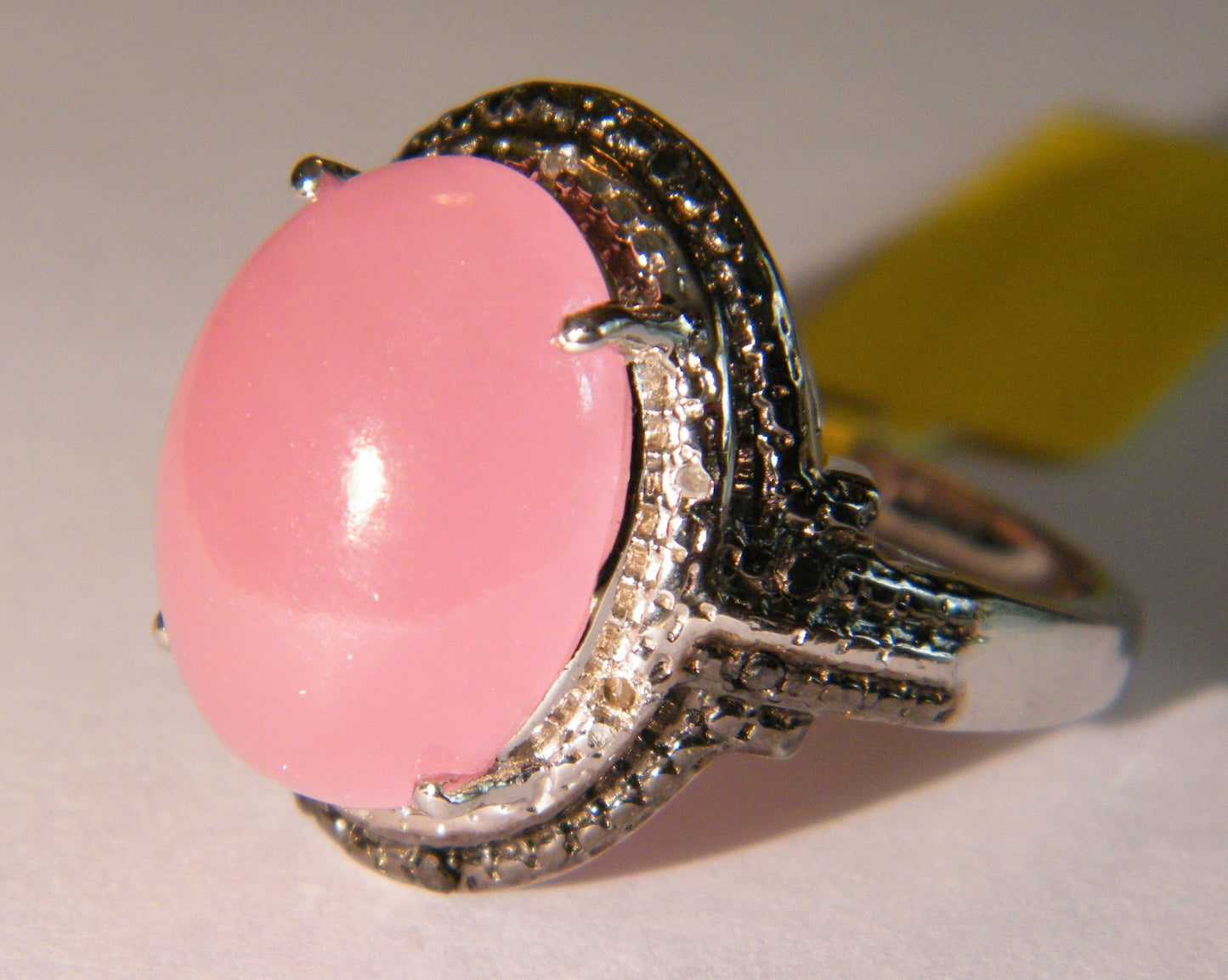 Pink Jade (D) And Black Diamond 925 Sterling Silver Ring