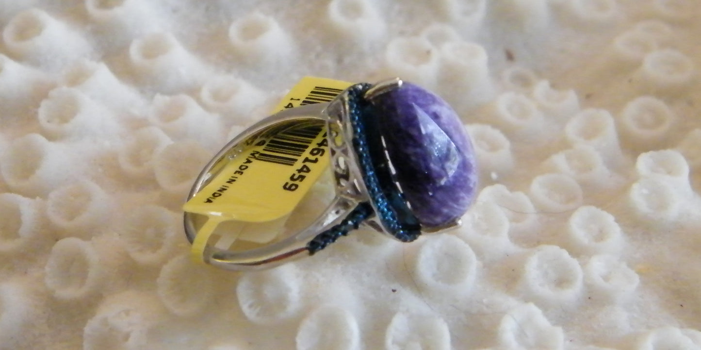 Siberian Charoite & Blue Diamond Ring Platinum Over Sterling Silver