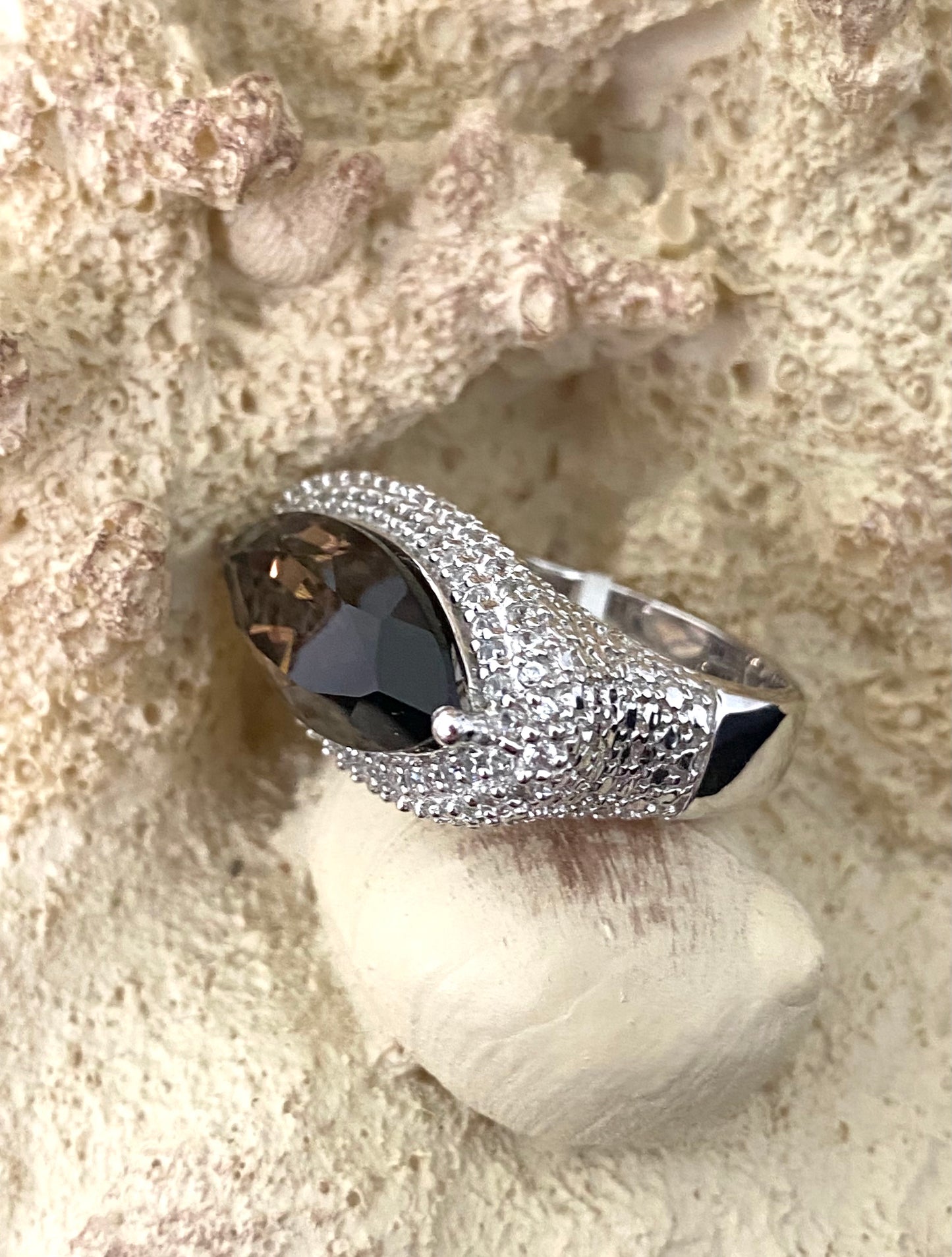Brazilian Smokey Quartz and White Zircon Ring