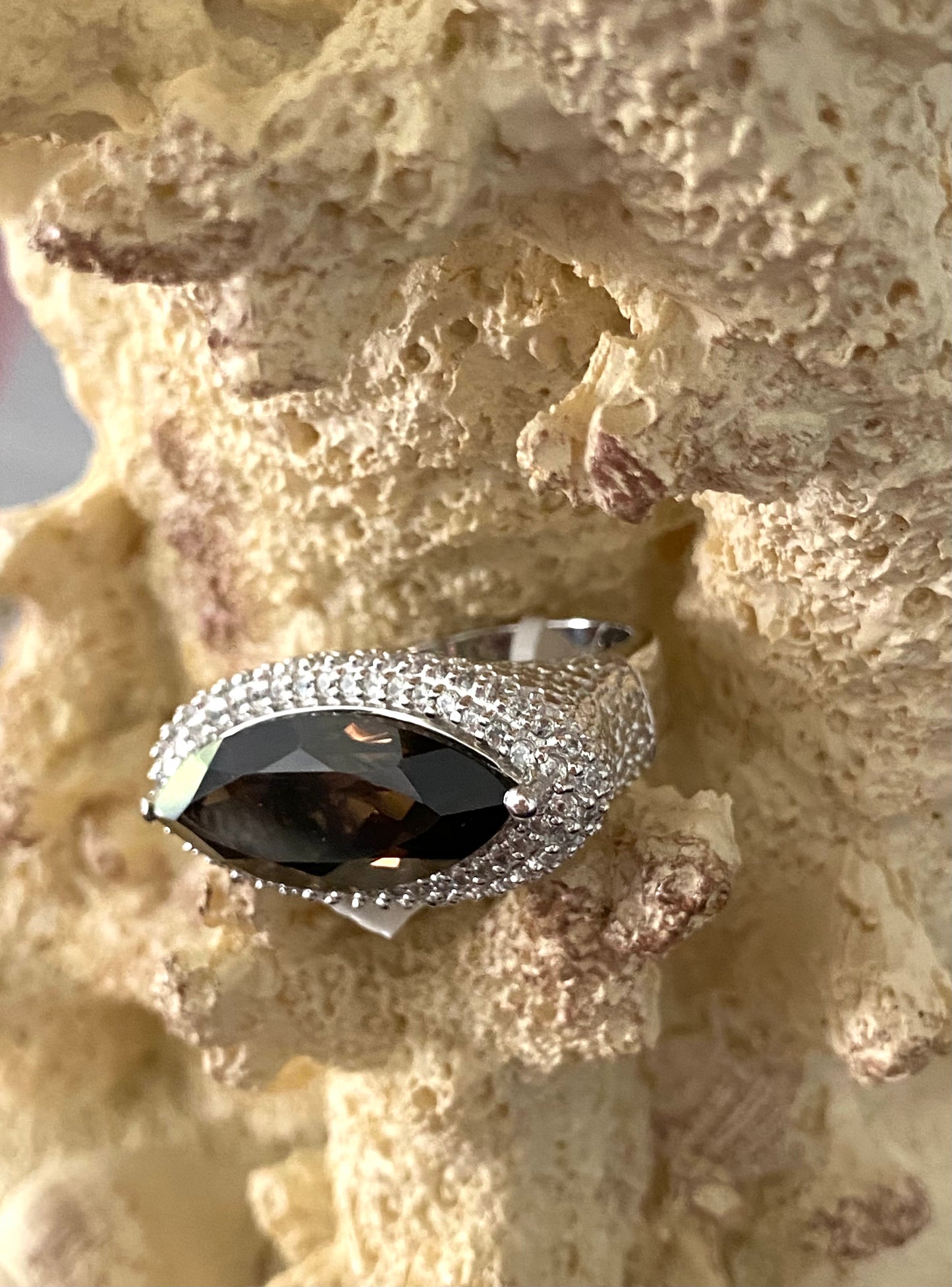 Brazilian Smokey Quartz and White Zircon Ring
