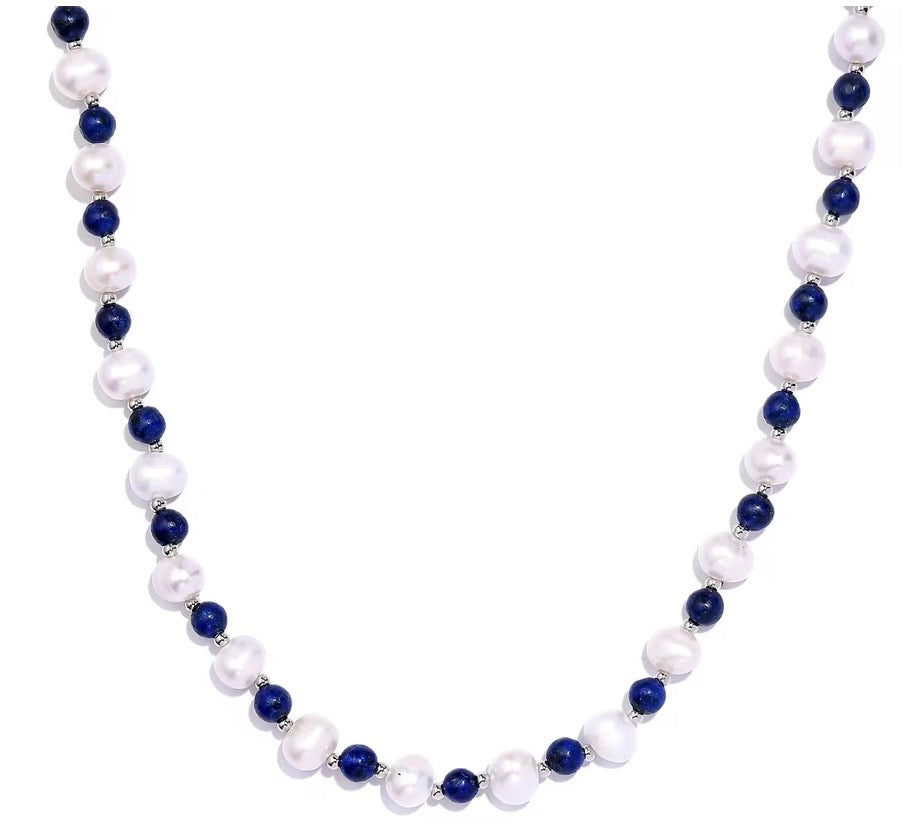 Lapis Lazuli and White Fresh Water Pearl Necklace