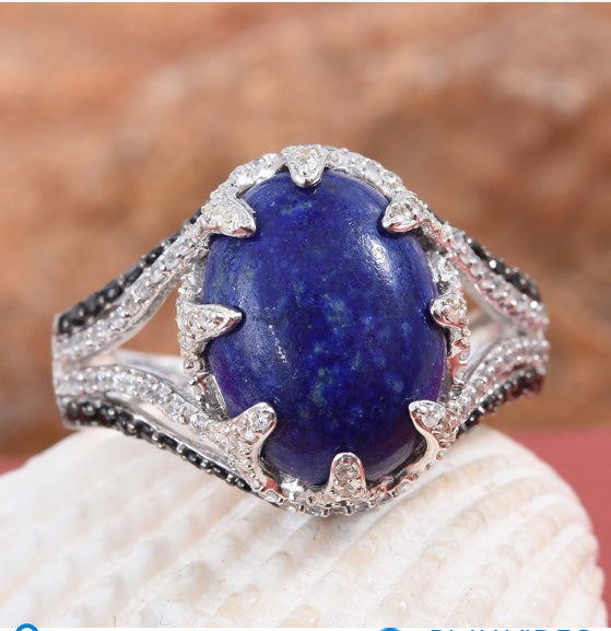 Lapis Lazuli, White Zircon, and Black Spinel Ring