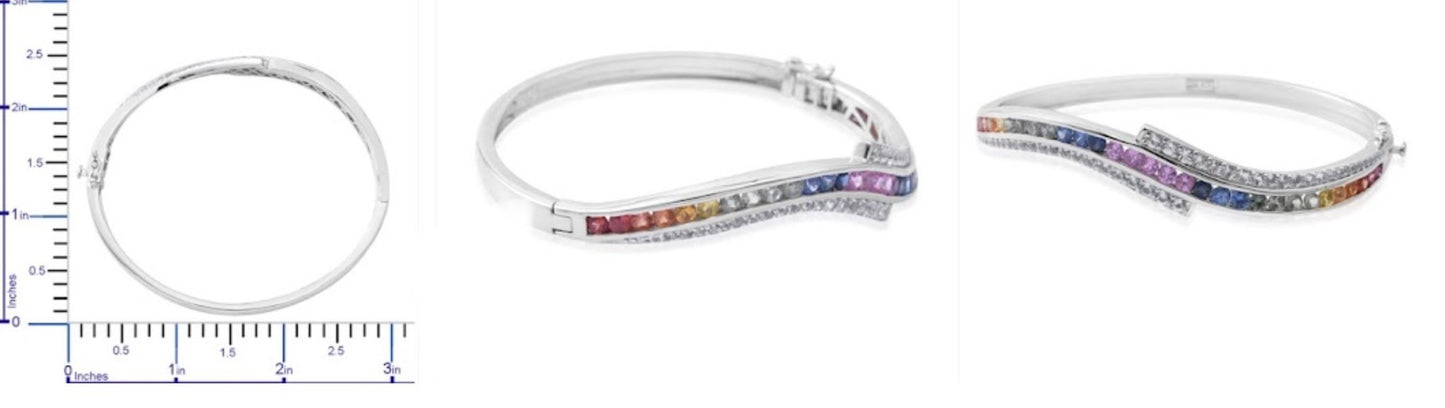 Rainbow Sapphire & White Zircon Bangle Bracelet Wave Design