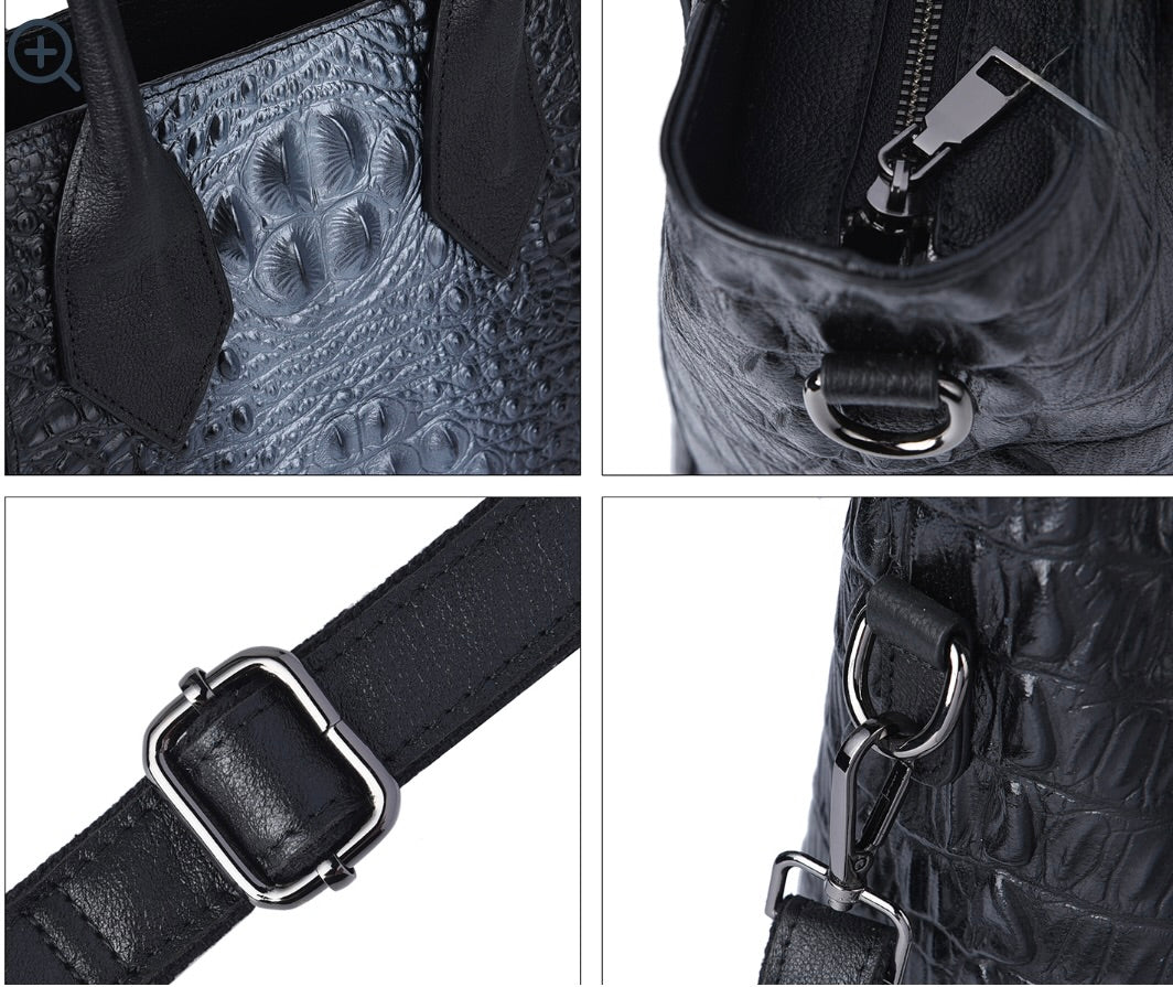 Black & Silver Crocodile Embossed Genuine Leather Handbag / Tote Bag