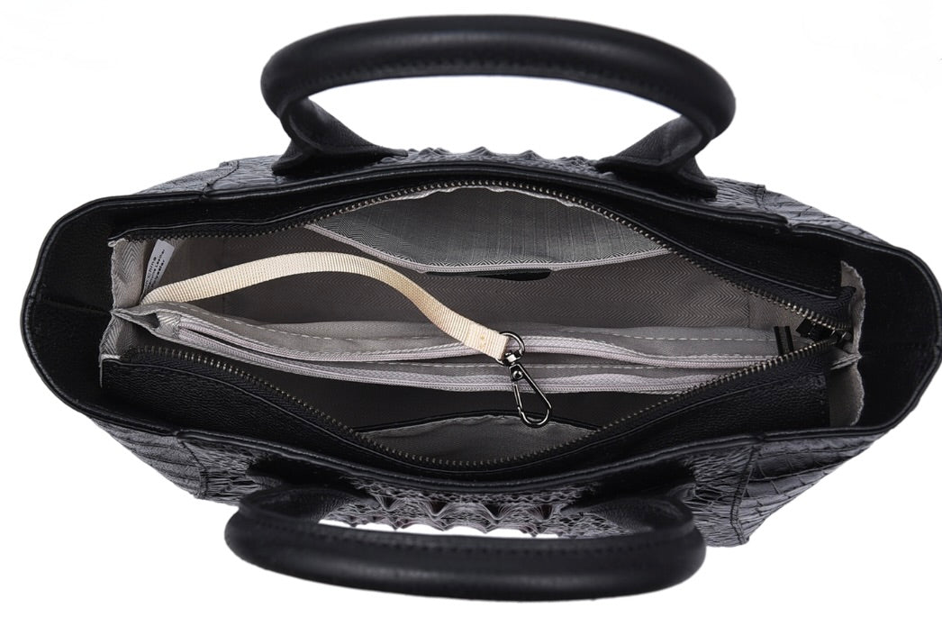 Black & Pinkish Purple Crocodile Embossed Genuine Leather Handbag Tote Bag