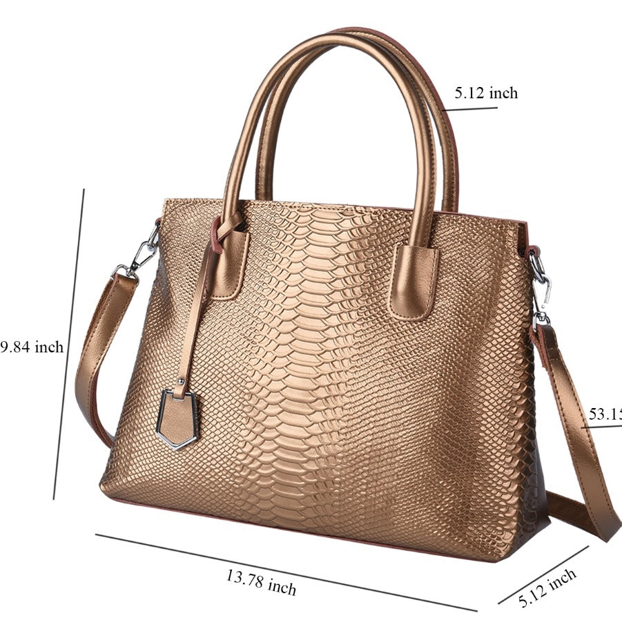 Snakeskin Embossed Genuine Leather Bronze Color Handbag Tote Bag