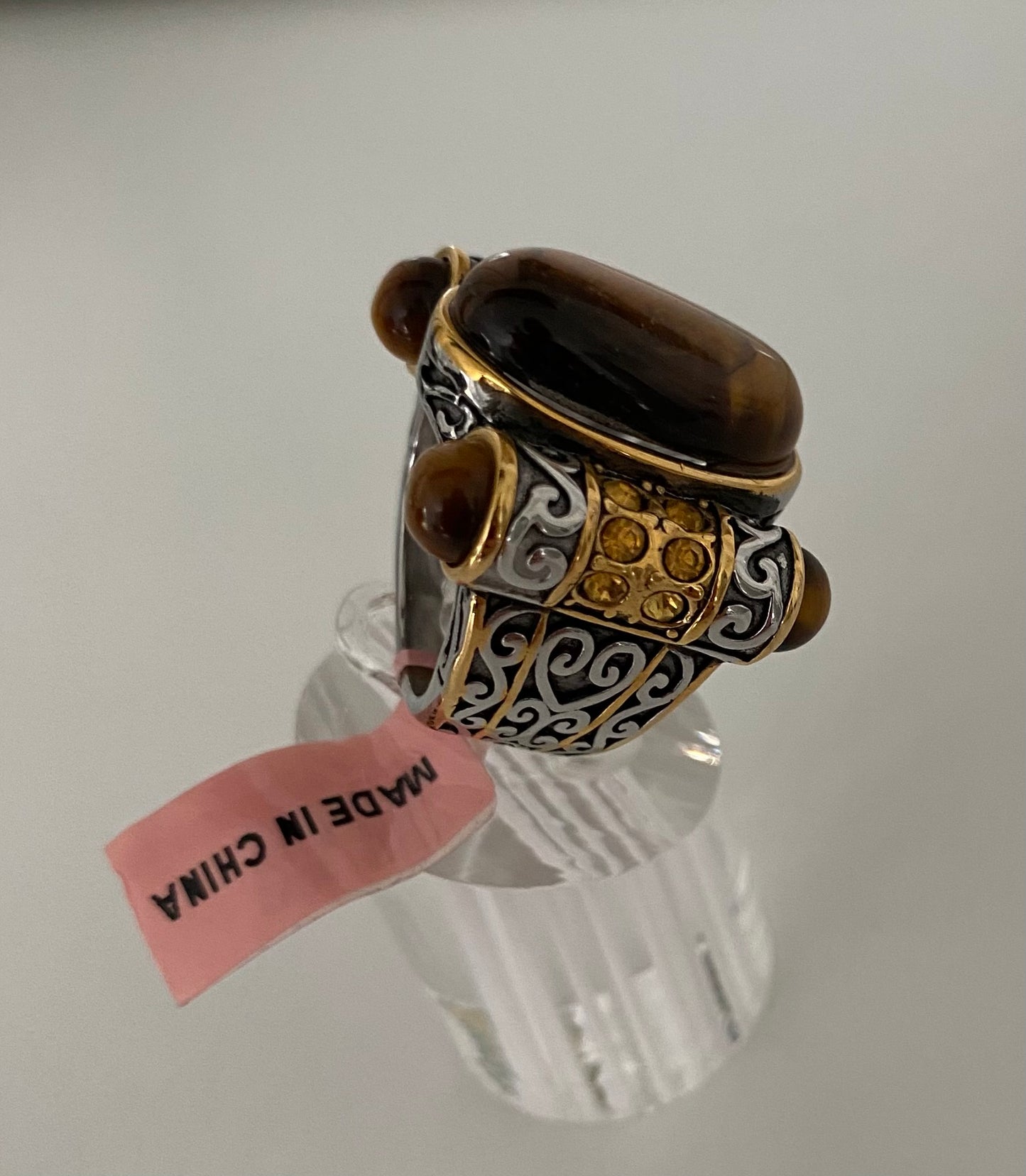 Tiger's Eye & Austrian Chrystals Stainless Steel Ring