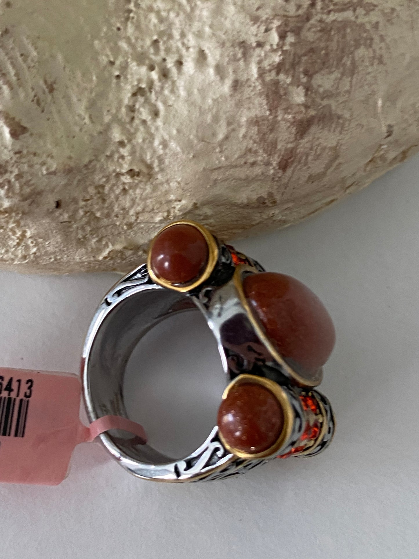 Red Goldstone & Austrian Chrystal Stainless Steel Ring