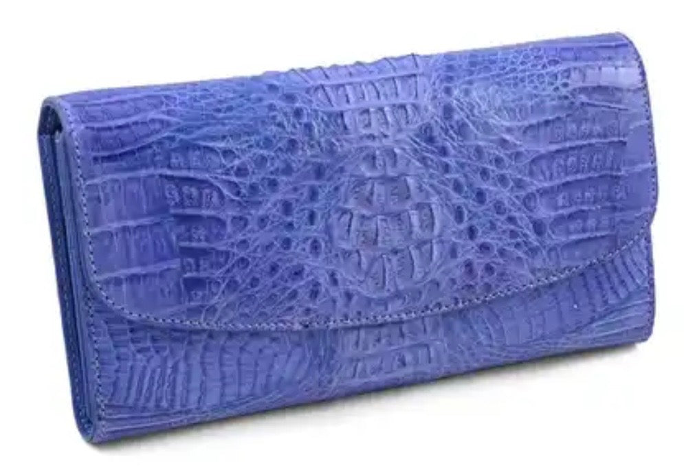 Blue crocodile embossed genuine leather handbag closeup