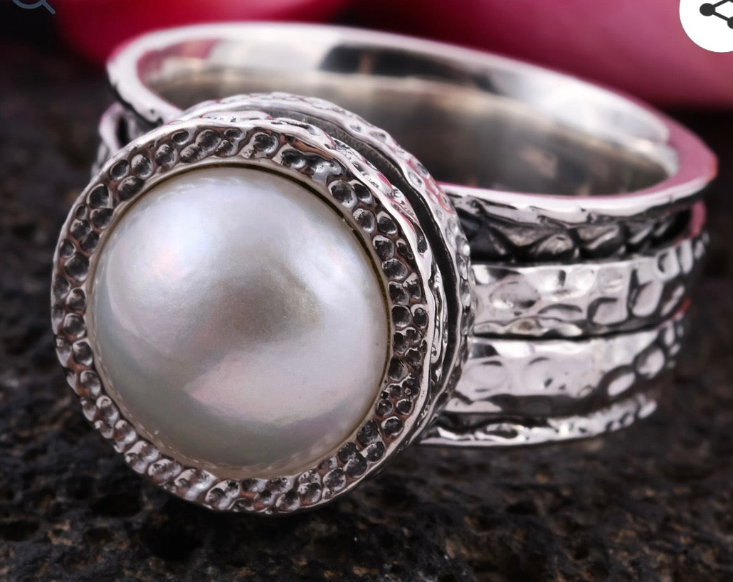 White Mabe Pearl Spinner/Fidget Ring In Sterling Silver
