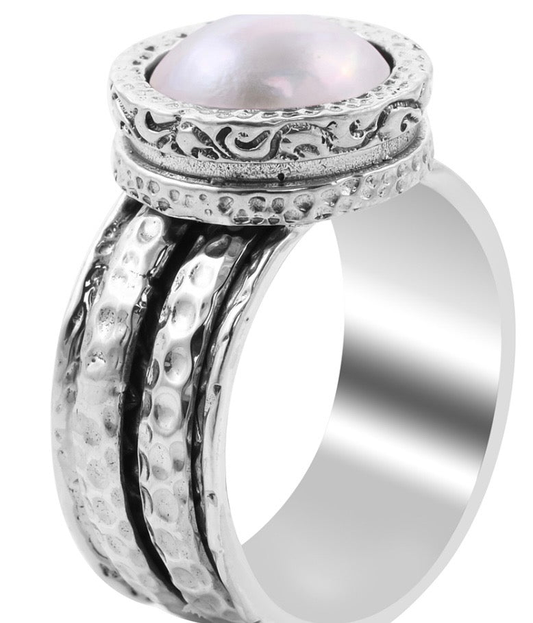 White Mabe Pearl Spinner/Fidget Ring In Sterling Silver