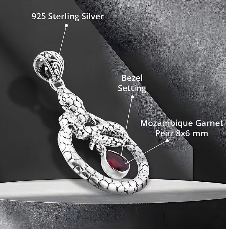 Hand Crafted Mozambique Garnet Silver Snake Pendant