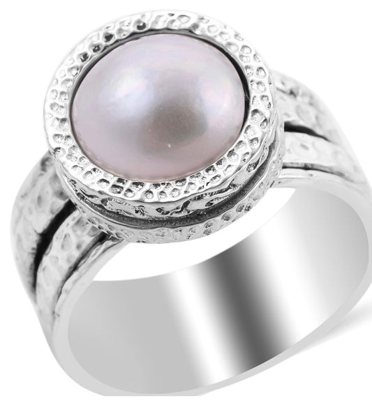 White Mabe Pearl Spinner/Fidget Ring In Sterling Silver