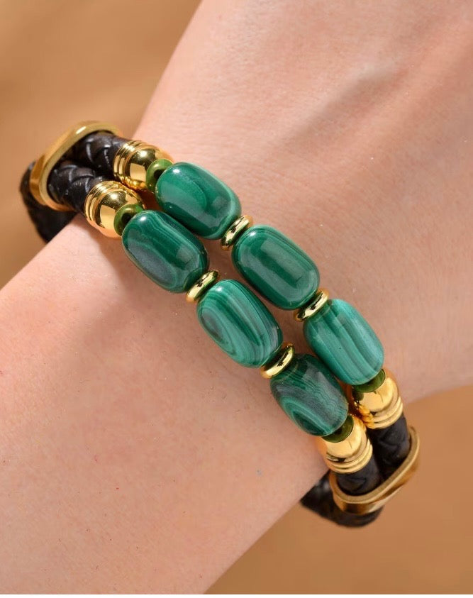 African Malachite Leather Cord Stainless Steel Bracelet