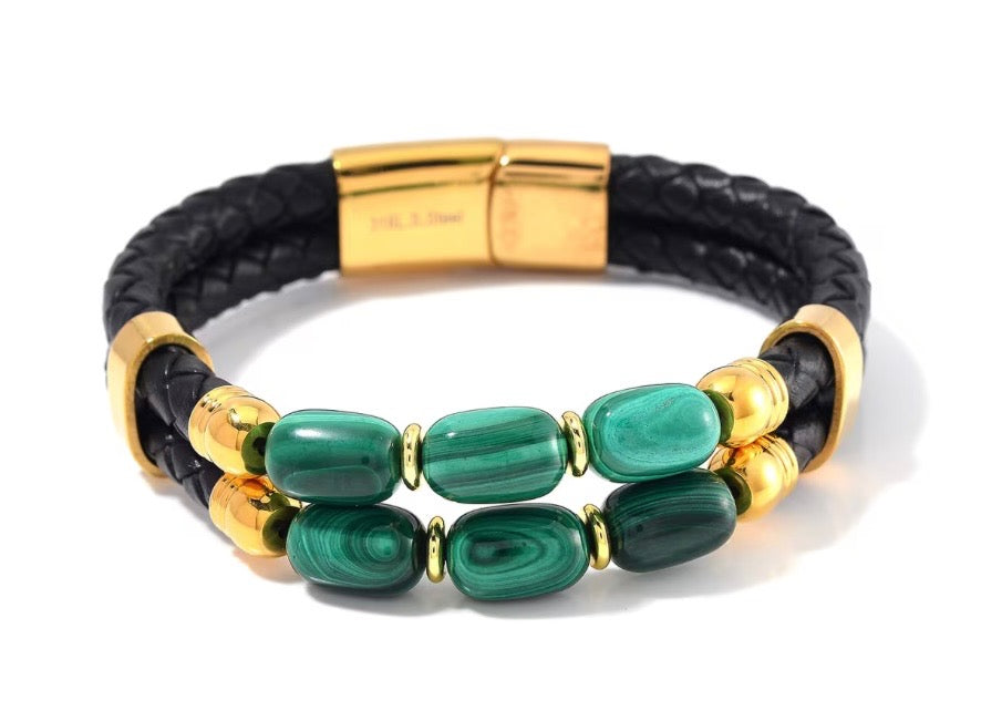 African Malachite Leather Cord Stainless Steel Bracelet