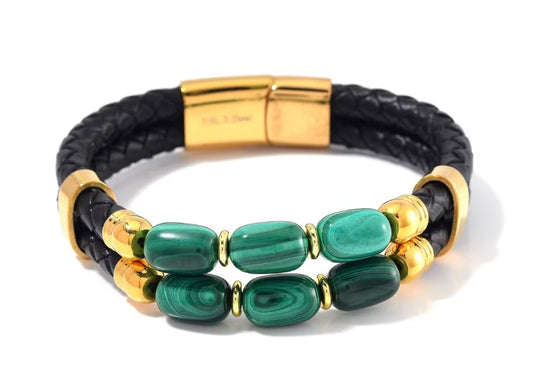African Malachite Leather Cord Stainless Steel Bracelet