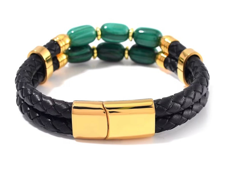 African Malachite Leather Cord Stainless Steel Bracelet