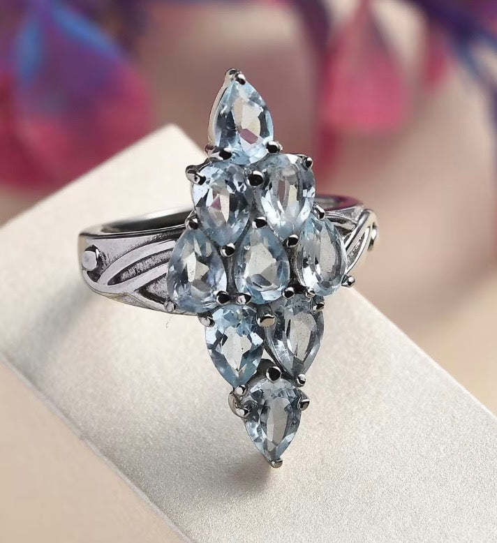 Sky Blue Topaz Elongated Ring In Stainless Steel Ring