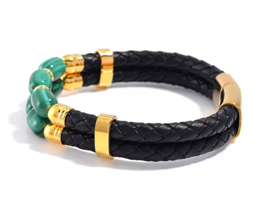 African Malachite Leather Cord Stainless Steel Bracelet