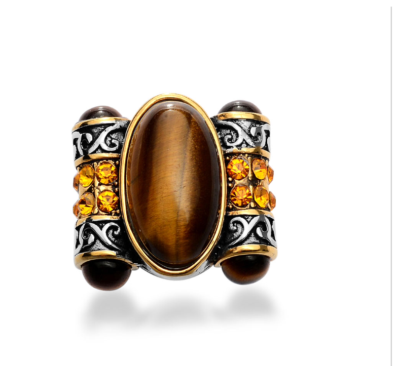 Tiger's Eye & Austrian Chrystals Stainless Steel Ring