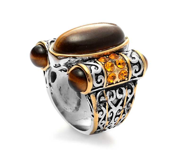 Tiger's Eye & Austrian Chrystals Stainless Steel Ring