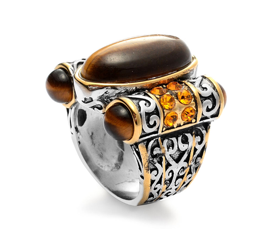 Tiger's Eye & Austrian Chrystals Stainless Steel Ring
