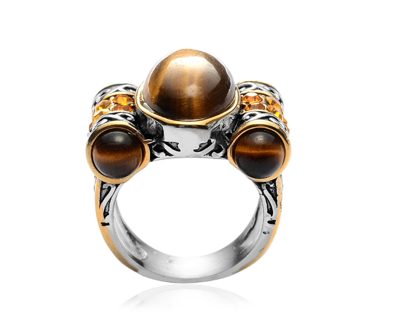 Tiger's Eye & Austrian Chrystals Stainless Steel Ring