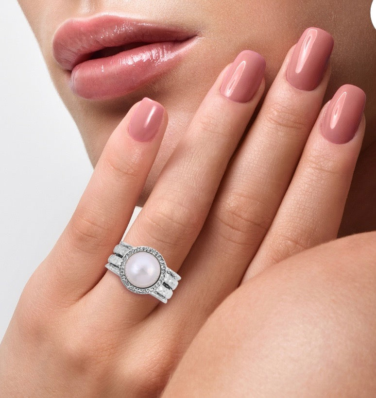 White Mabe Pearl Spinner/Fidget Ring In Sterling Silver