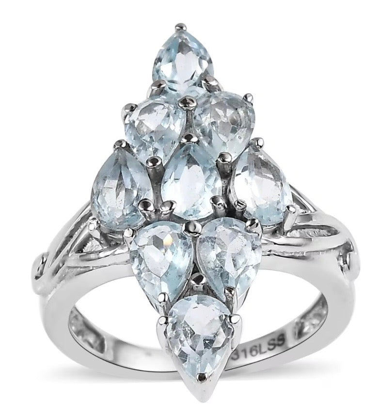 Sky Blue Topaz Elongated Ring In Stainless Steel Ring