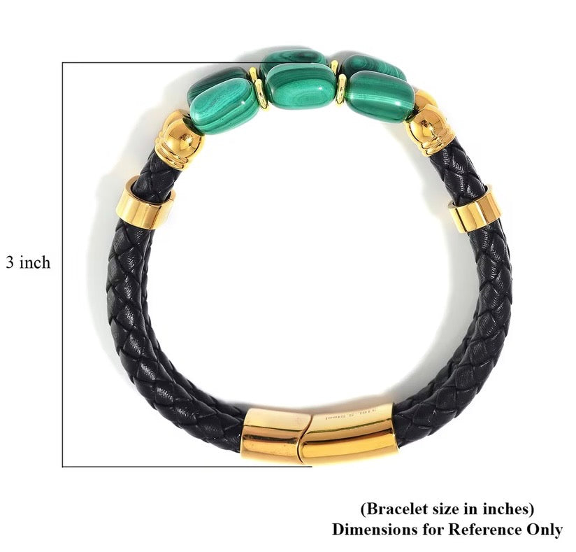 African Malachite Leather Cord Stainless Steel Bracelet