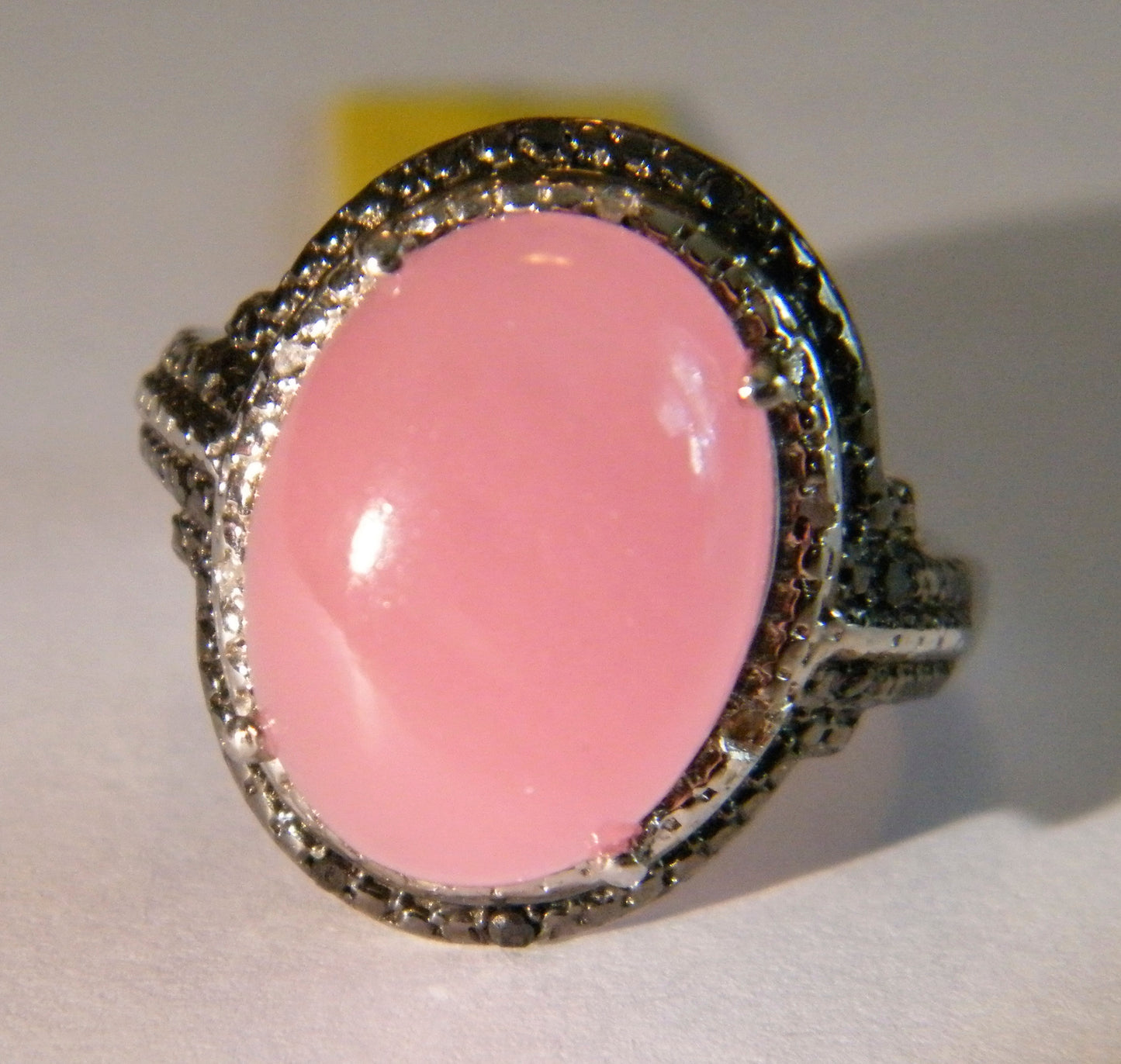 Pink Jade (D) And Black Diamond 925 Sterling Silver Ring
