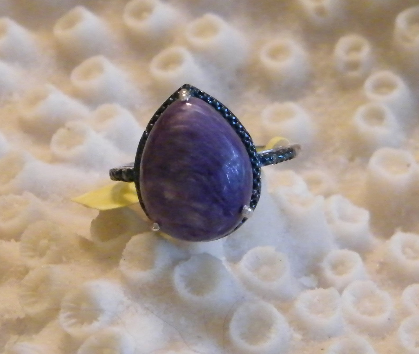 Siberian Charoite & Blue Diamond Ring Platinum Over Sterling Silver