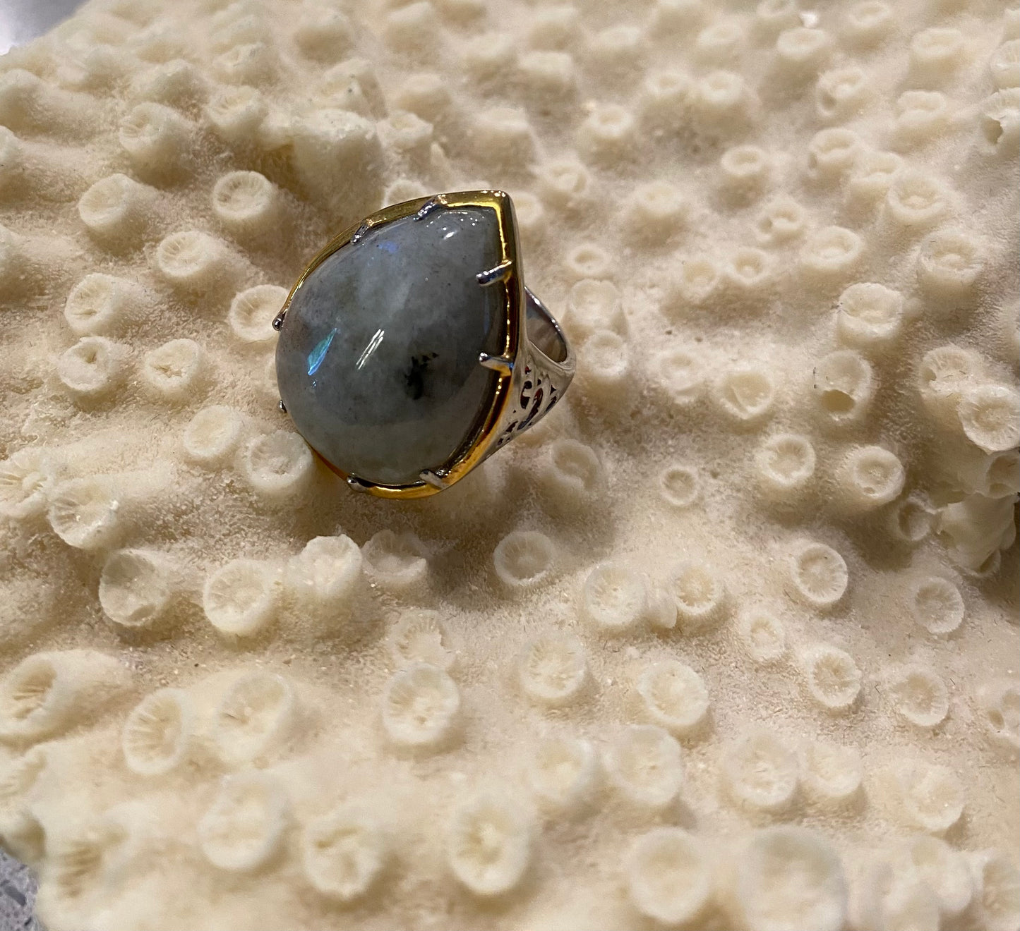Pear Cut Extra Large Labradorite Stainless Steel Ring