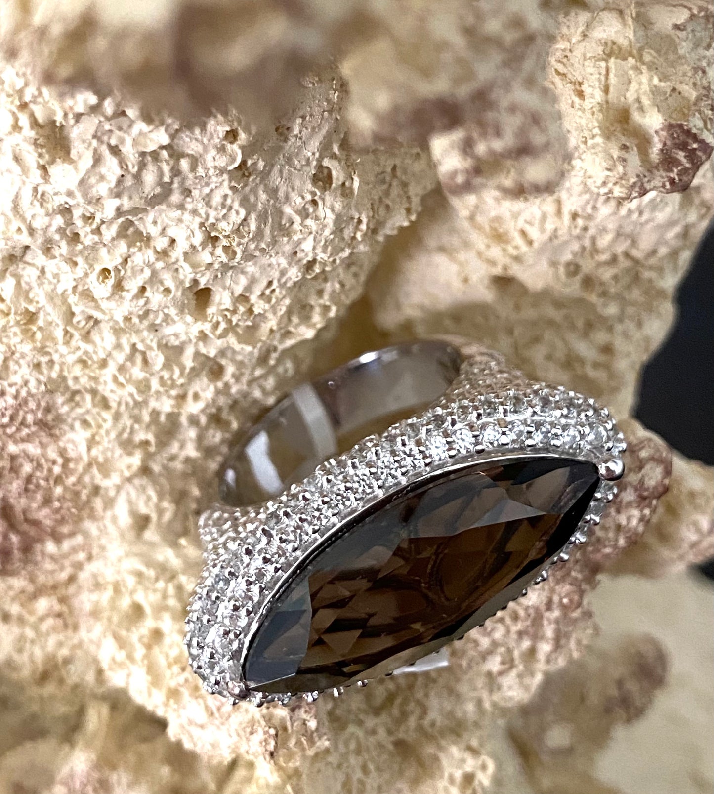 Brazilian Smokey Quartz and White Zircon Ring
