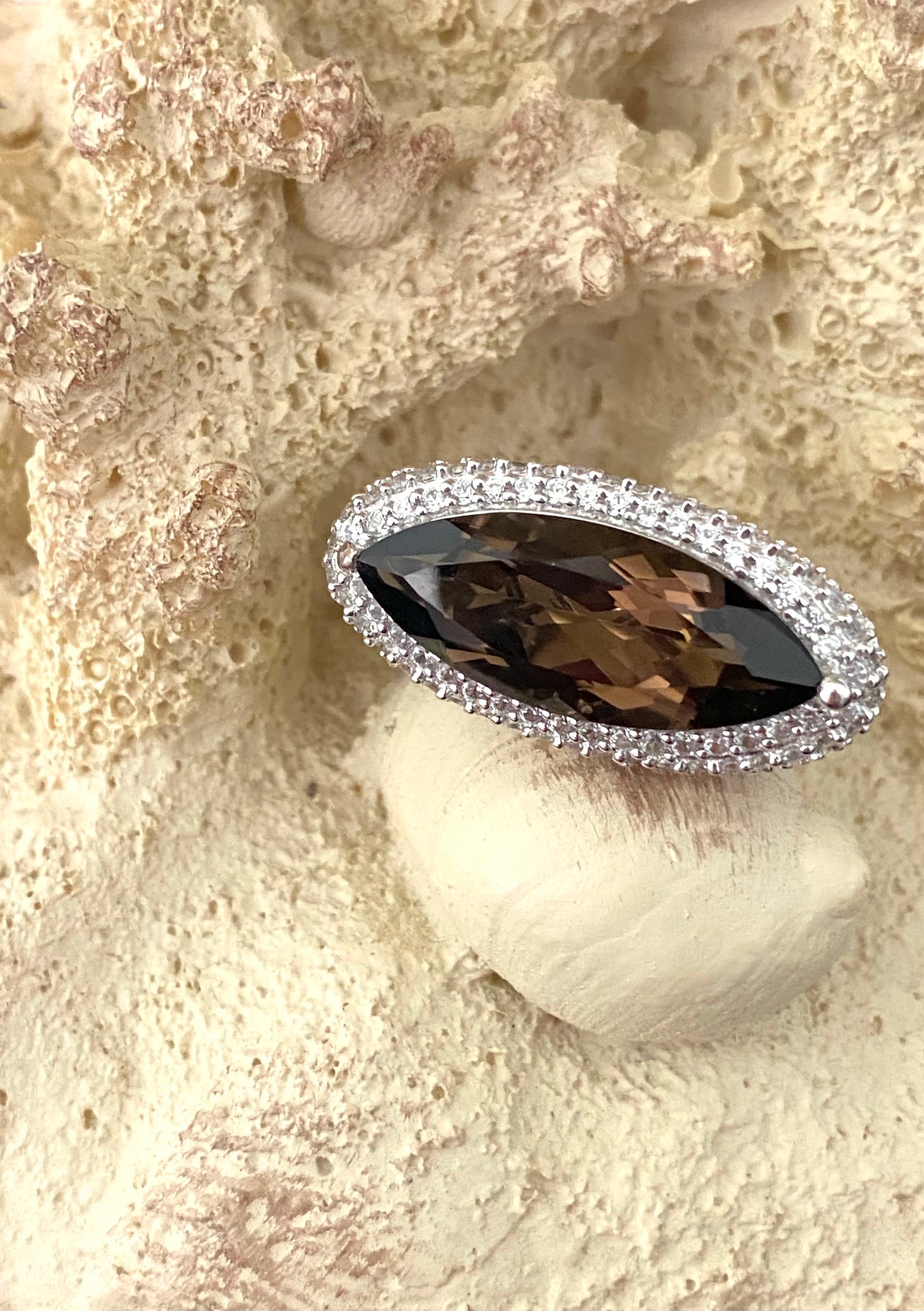 Brazilian Smokey Quartz and White Zircon Ring