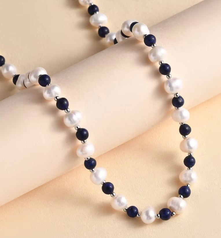 Lapis Lazuli and White Fresh Water Pearl Necklace