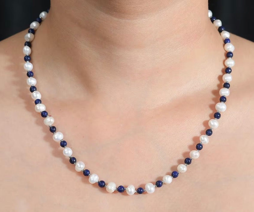 Lapis Lazuli and White Fresh Water Pearl Necklace