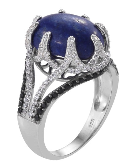 Lapis Lazuli, White Zircon, and Black Spinel Ring