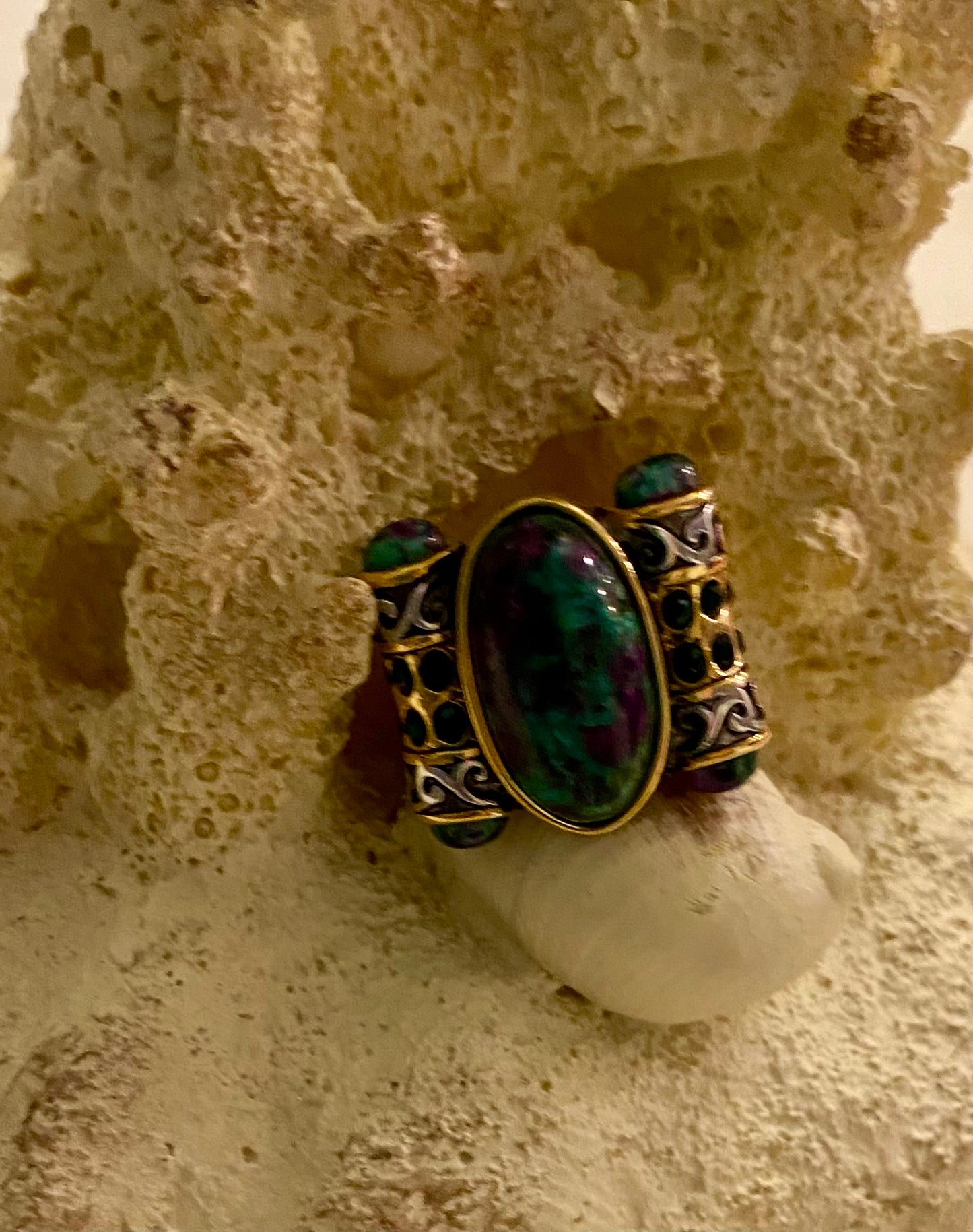 Ruby Zoisite & Austrian Chrystals Stainless Steel Ring