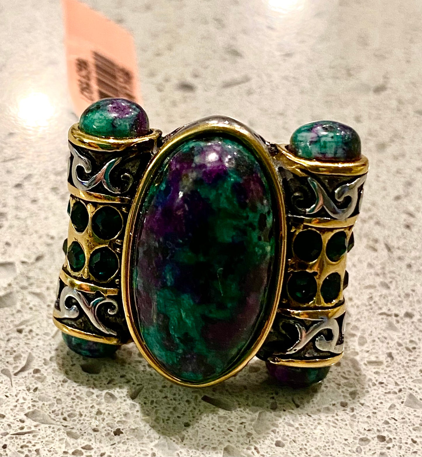 Ruby Zoisite & Austrian Chrystals Stainless Steel Ring
