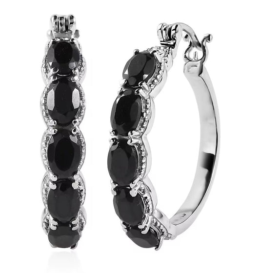 Black Spinel Hoop Earrings Hypoallergenic Stainless Steel