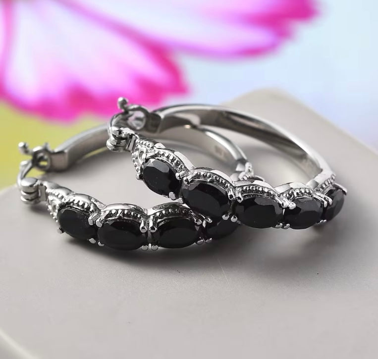 Black Spinel Hoop Earrings Hypoallergenic Stainless Steel