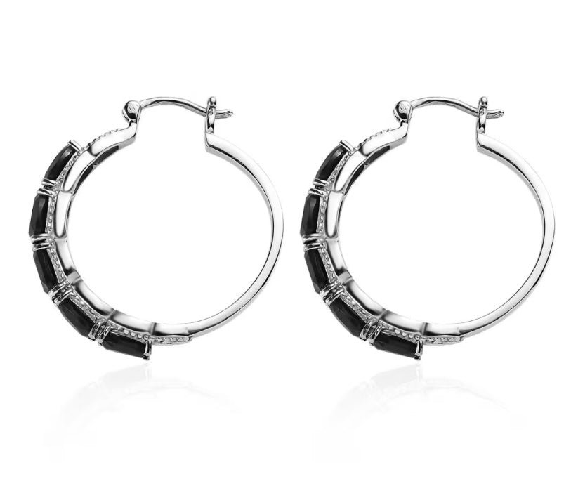 Black Spinel Hoop Earrings Hypoallergenic Stainless Steel