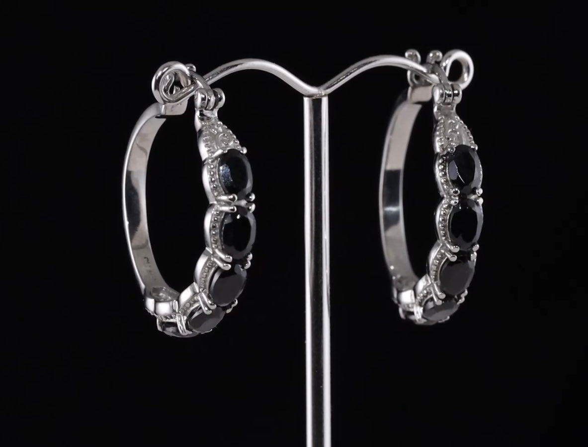 Black Spinel Hoop Earrings Hypoallergenic Stainless Steel