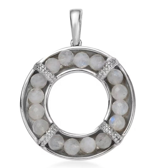Rainbow Moonstone Circular Stainless Steel Pendant With Chain