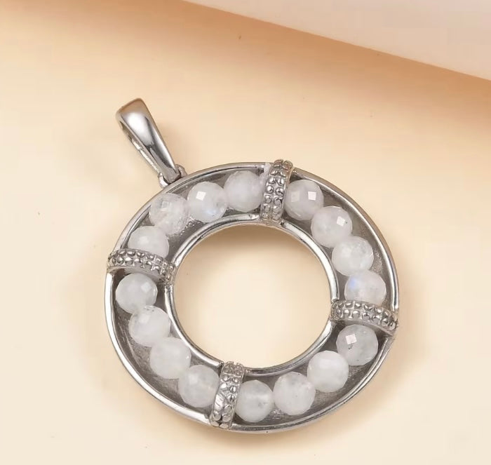Rainbow Moonstone Circular Stainless Steel Pendant With Chain