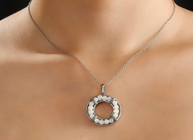 Rainbow Moonstone Circular Stainless Steel Pendant With Chain