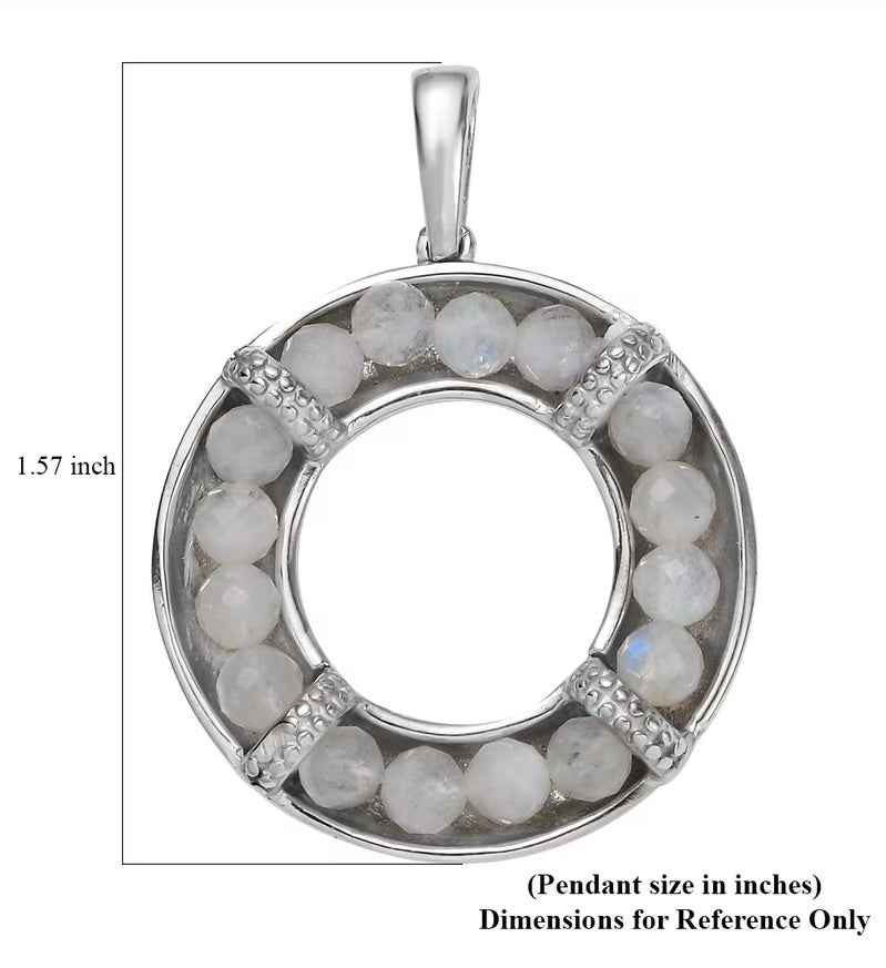 Rainbow Moonstone Circular Stainless Steel Pendant With Chain