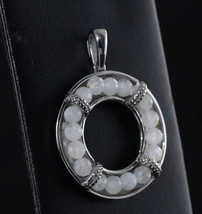 Rainbow Moonstone Circular Stainless Steel Pendant With Chain