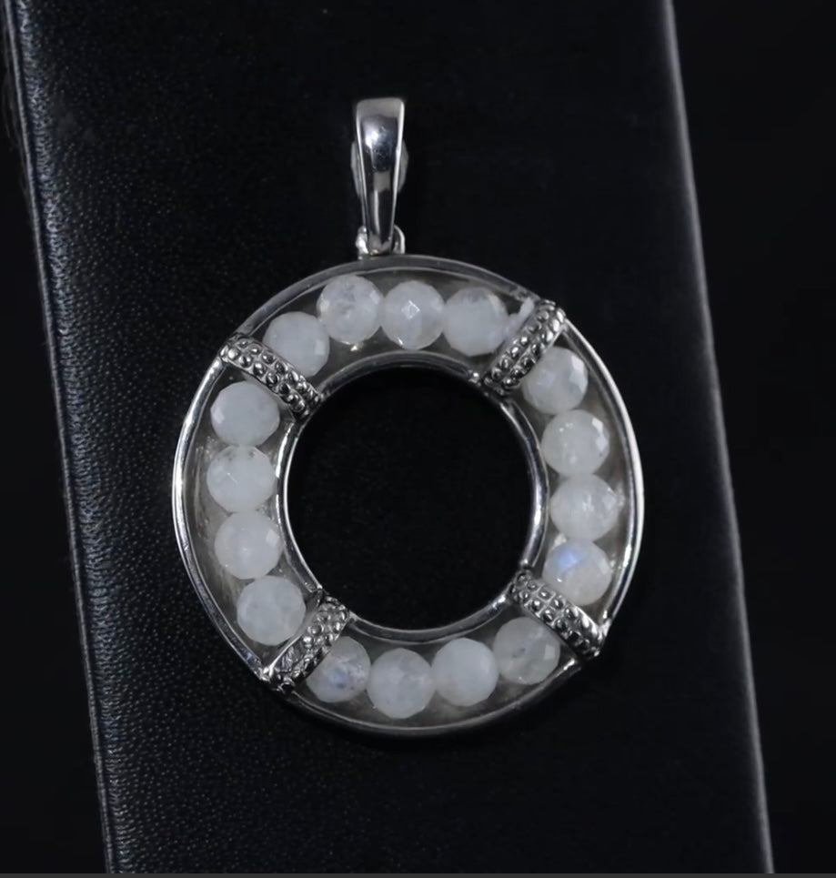 Rainbow Moonstone Circular Stainless Steel Pendant With Chain
